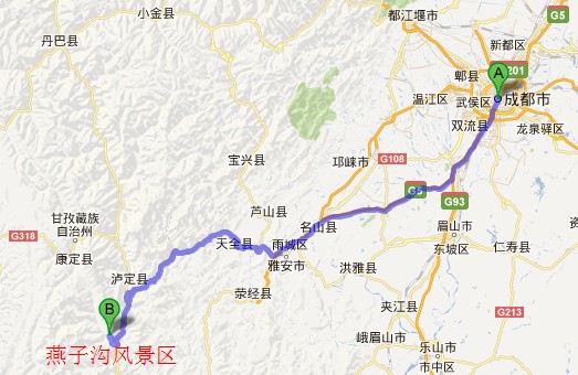 成都到燕子沟旅游路线地图